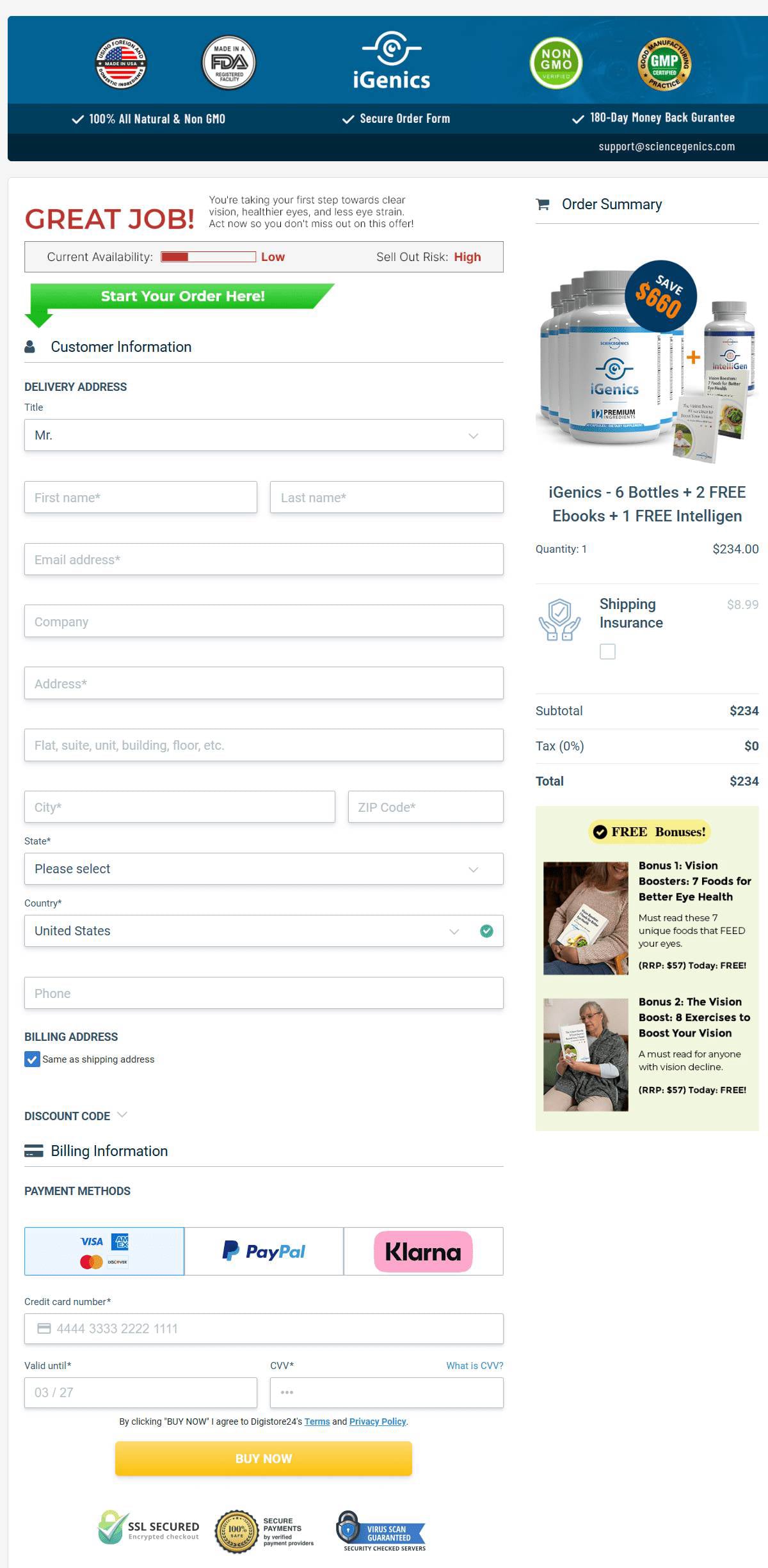 iGenics checkout page